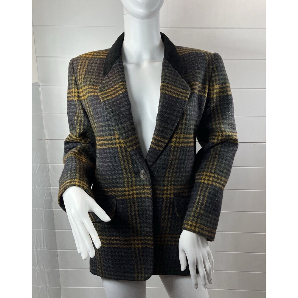 Tartan Plaid Wool Blazer Sport Coat 2 Womens Y2K Yellow/Black Clueless Preppy